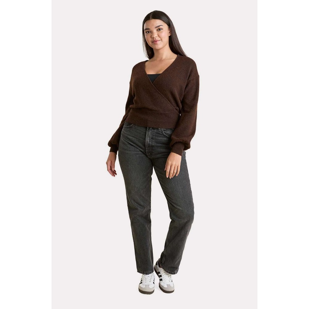 nuuds Wrap Front Sweater Womens Medium Brown Balloon Sleeve V-Neck Fuzzy Knit